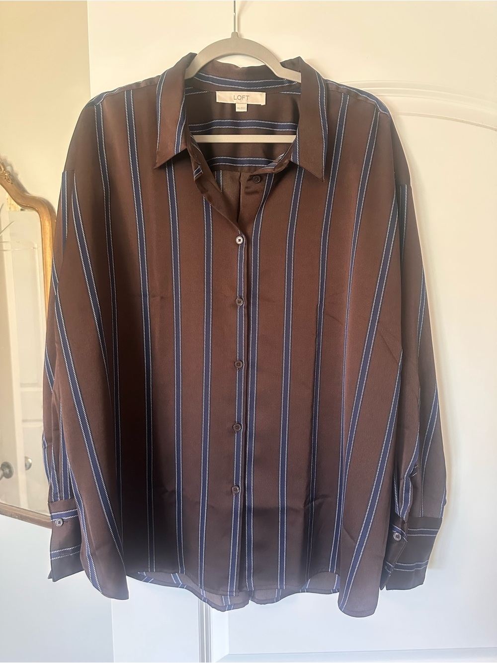 Womenβs LOFT Brown and Navy Stripe Button-Up Shirt size XXL